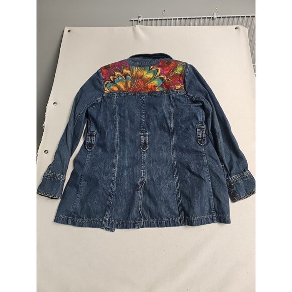 Old Navy Womens Denim Jean Jacket Size L Snap Painted Pockets & Back Art To Wear - Picture 6 of 8